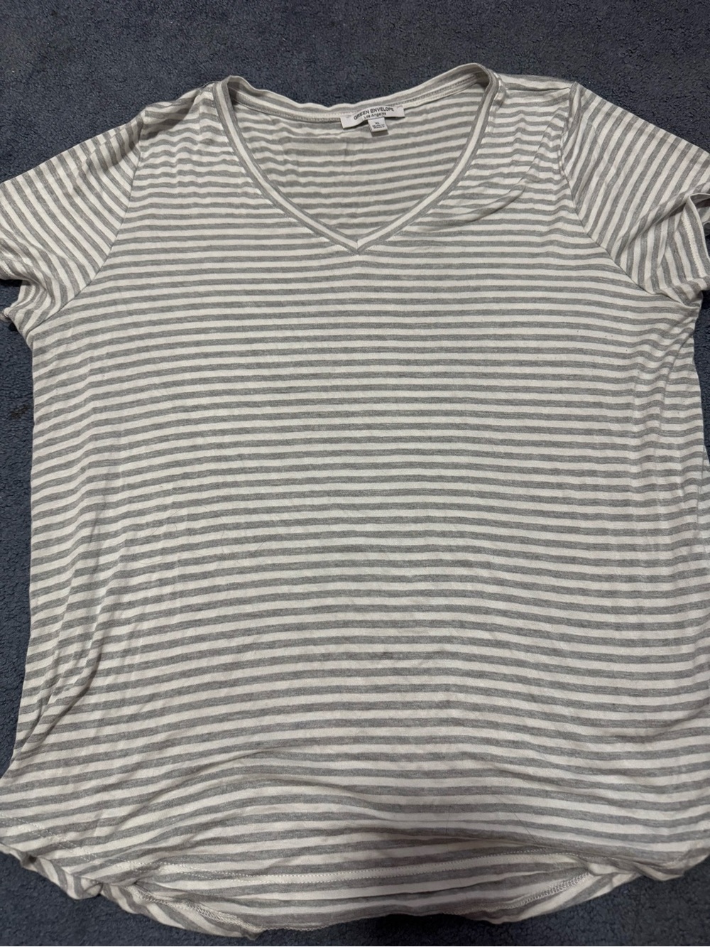 Green Envelope Gray & White Striped V-Neck Tee